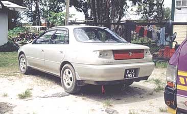 Major's motorcar PJJ 1957 parked in the compound of the Providence Police Station after it was found abandoned at Little Diamond Cemetery on Sunday night.